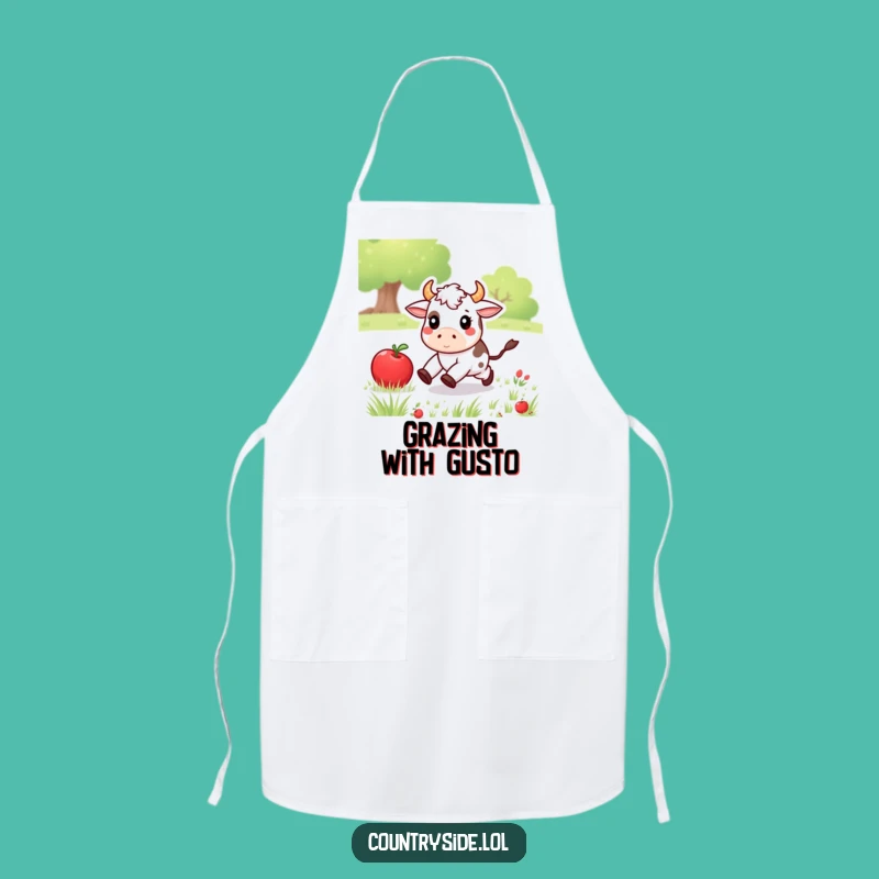 Funny Kawaii Cow Apron: Kitchen Farm Animal Apple Chase Fun - Humorous Cook Gift