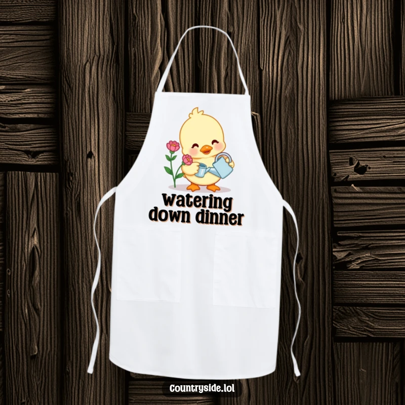 Funny apron featuring a contented Kawaii duck character watering a flower with a tiny watering can, perfect for gentle chefs.