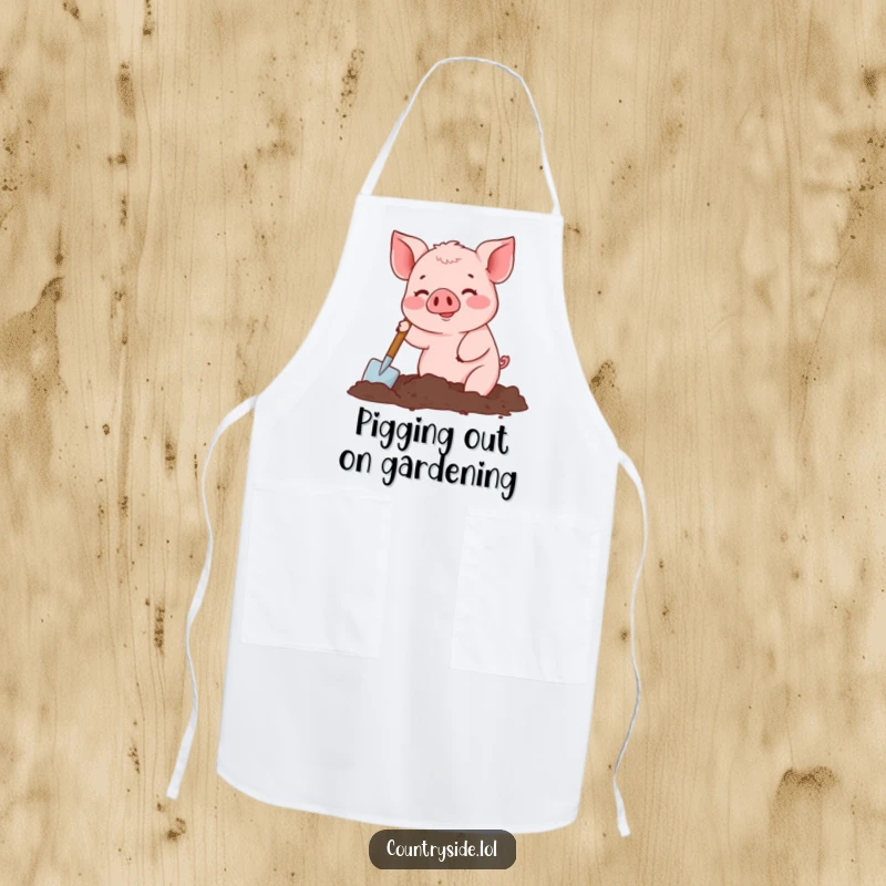 Funny apron featuring a busy Kawaii pig character digging in soil with a miniature spade, perfect for gardening chefs.