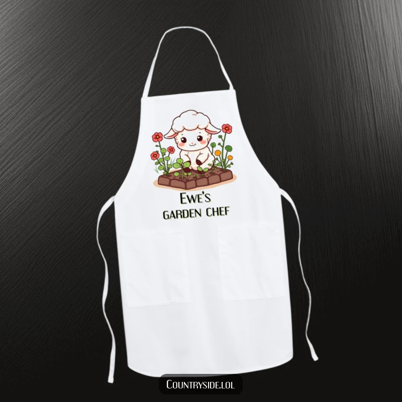 Funny Kawaii Sheep Apron: A happy sheep character tending a miniature vegetable garden, perfect for adding humor to kitchen activities.