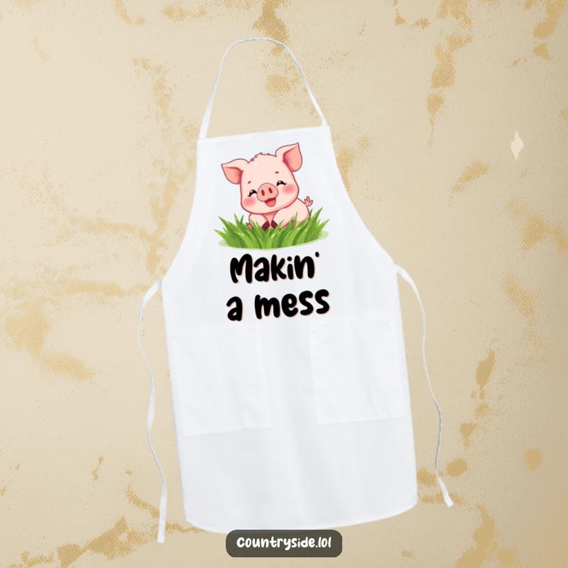 Funny Kawaii piglet character humorously wearing an apron while happily rolling in a patch of grass.