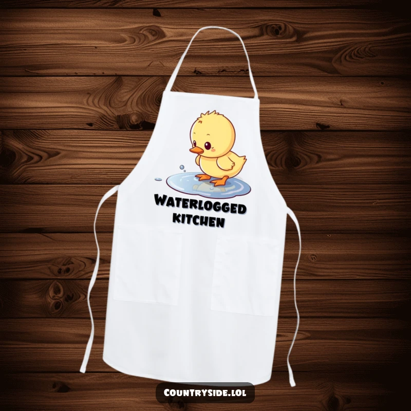 Funny Kawaii duckling character humorously splashing in a puddle while wearing a cute apron.