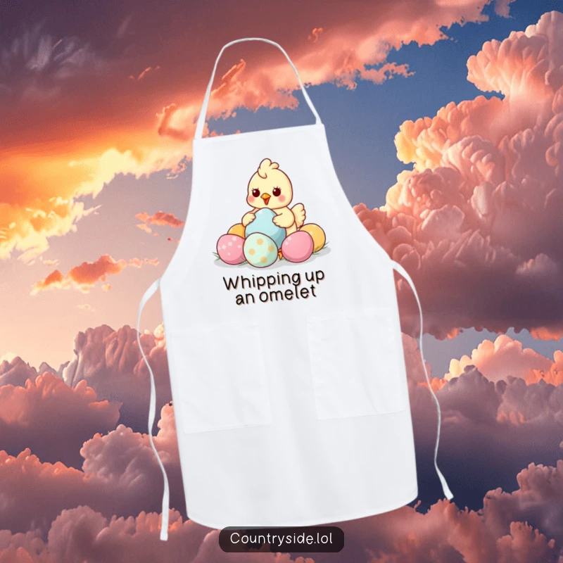 Funny Kawaii chicken character, wearing an apron, humorously preparing to collect a basket of large eggs.