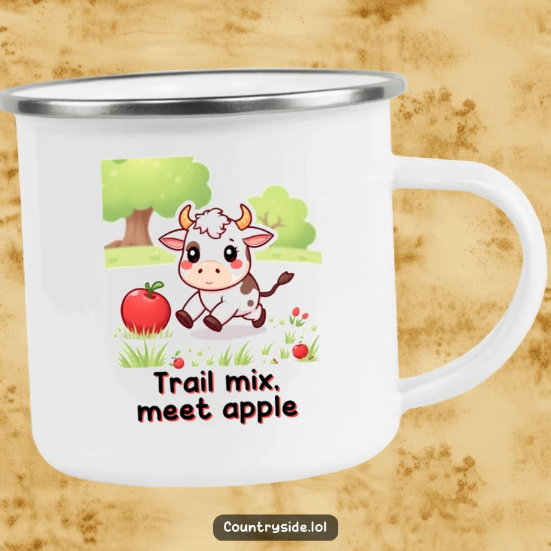 Funny Kawaii cow character chasing an apple in a meadow, designed for a durable and humorous camping mug experience.
