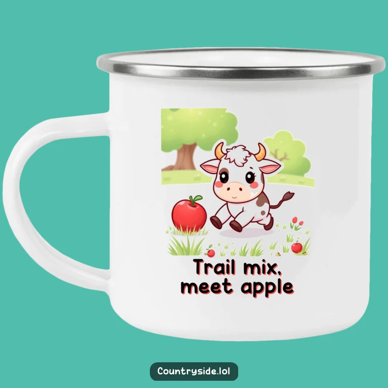 Funny Kawaii Cow Camping Mug: Durable Farm Animal Apple Chase - Humorous Outdoor Gift