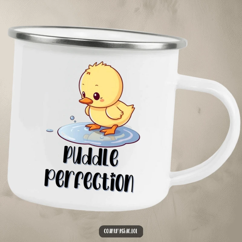 Funny Kawaii duckling humorously splashing in a puddle on a rugged camping mug, ready for the outdoors.
