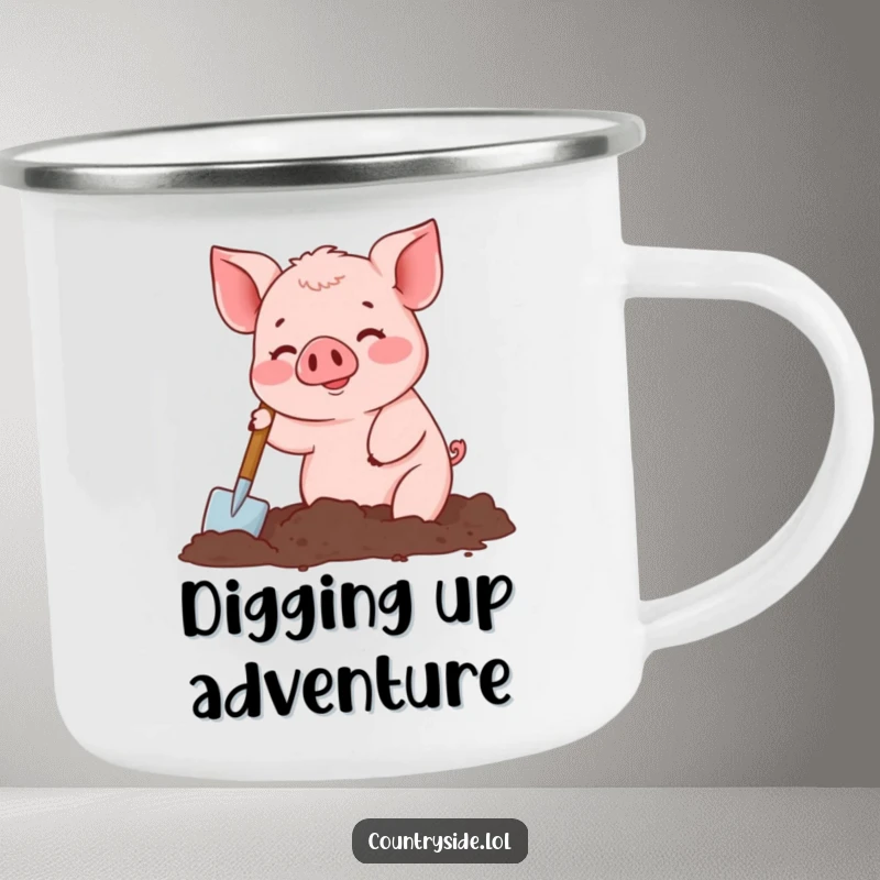 Funny camping mug with a busy Kawaii pig character digging in soil, sturdy for outdoor enthusiasm.