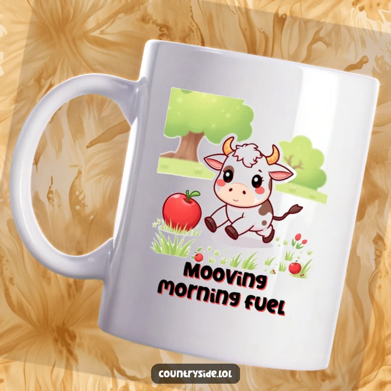 Funny Kawaii cow character joyfully chasing a rolling apple across a sunny meadow, bringing playful energy to this mug.