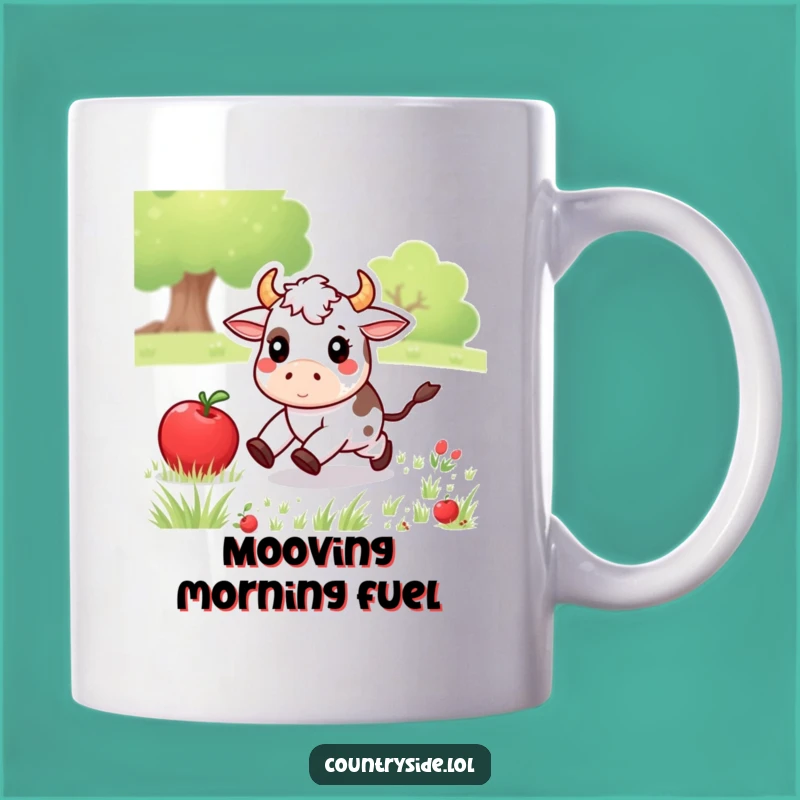 Funny Kawaii Cow Mug: Playful Farm Animal Chasing Apple - Perfect Humorous Gift