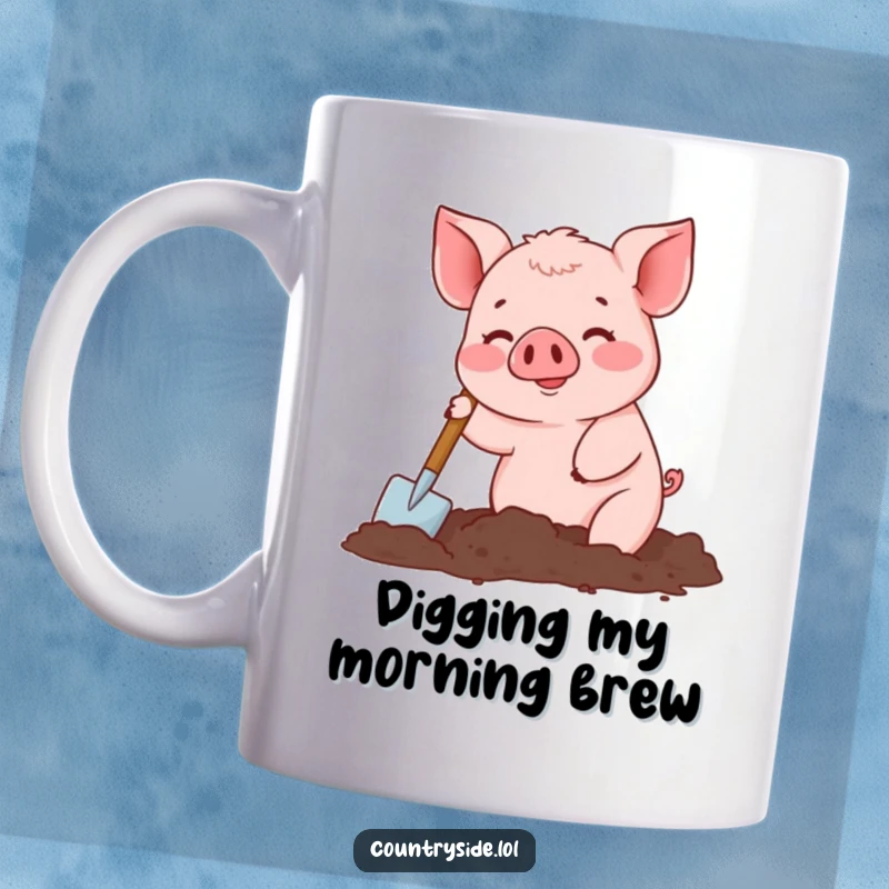 Funny Kawaii pig mug showing a busy character happily digging in soil with a small spade, embodying industrious gardening fun.