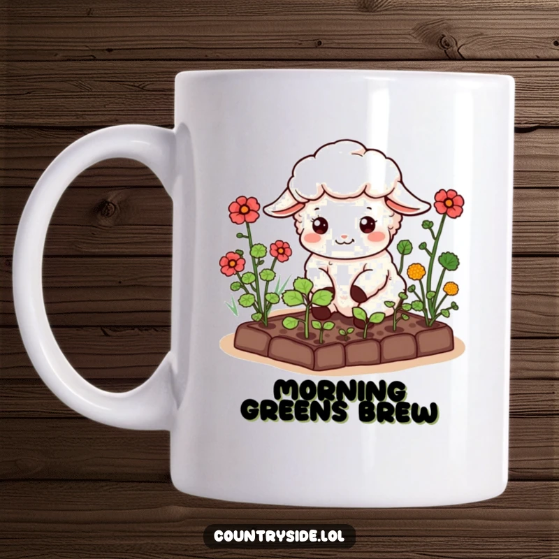 Funny Kawaii Sheep Mug: A happy sheep character tending a miniature vegetable garden, embodying peaceful gardening and wholesome humor.