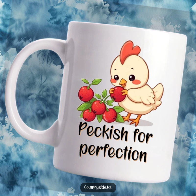 Funny Kawaii chicken character curiously pecking at a bright red berry on a green bush, bringing cheerful humor to this mug.
