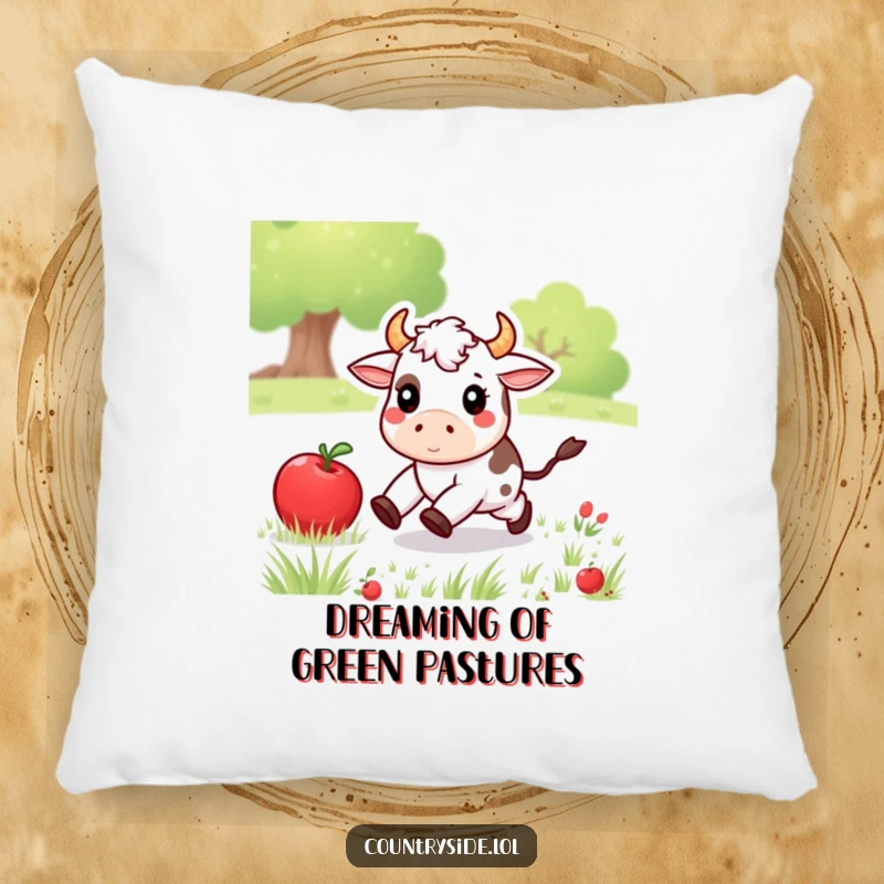 Funny Kawaii cow character playfully chasing an apple on a soft pillow, bringing cute and humorous comfort to any room.