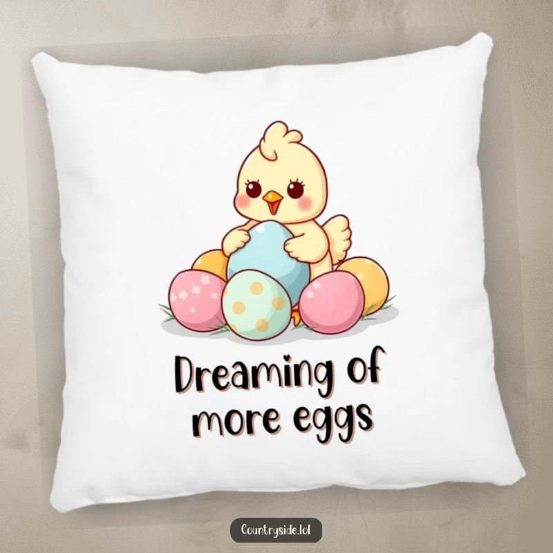 Funny Kawaii chicken character, looking cozy and content while surrounded by oversized, colorful eggs.