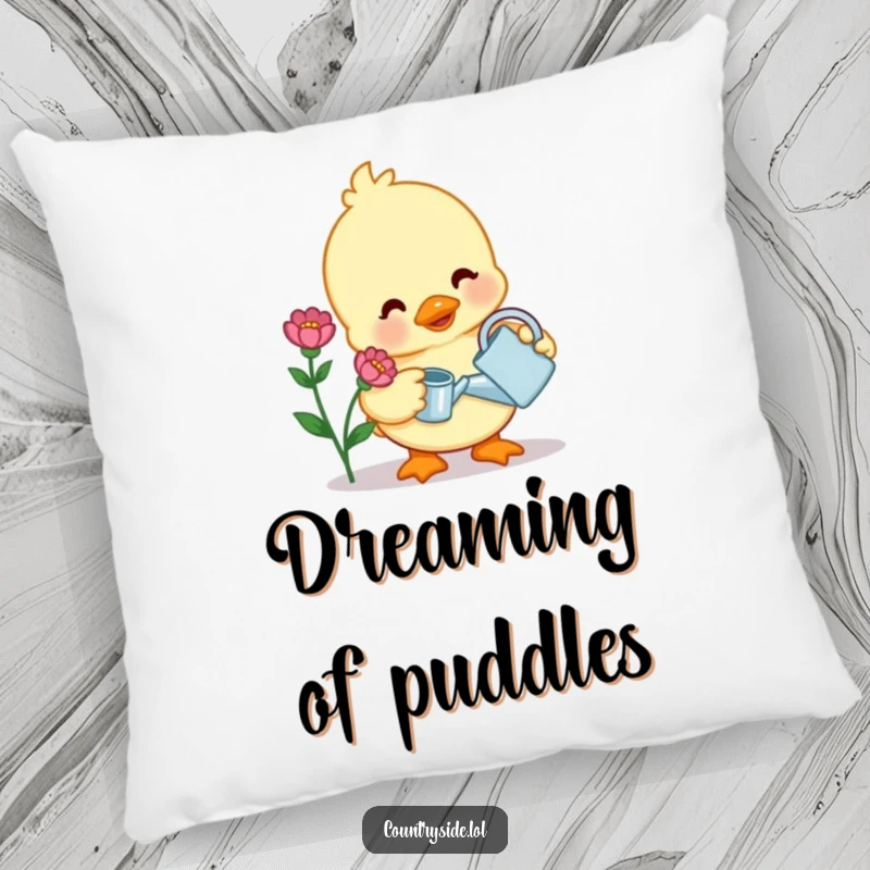 Funny pillow with a contented Kawaii duck character watering a flower, offering comfort and a touch of garden tenderness.