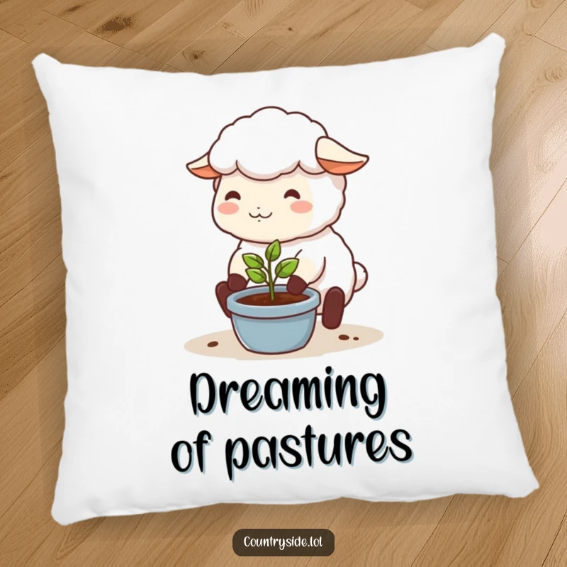 Funny pillow with a happy Kawaii sheep character tending a small plant, offering comfort and a touch of gardening sweetness.