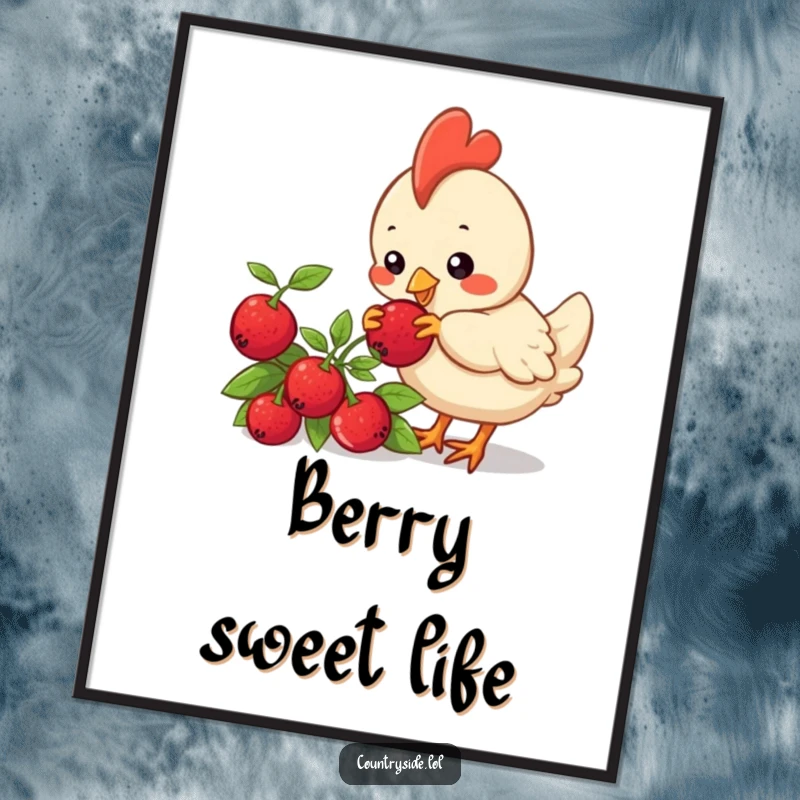 Funny Kawaii chicken character curiously pecking a berry on a bush, available as a downloadable and humorous art print.
