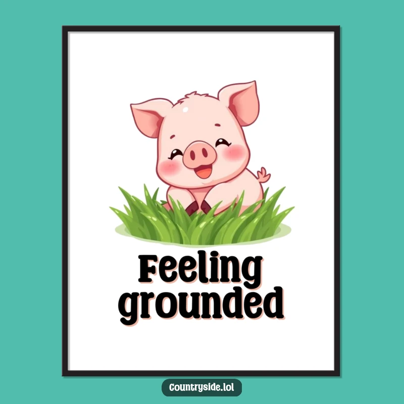Funny Kawaii Piglet Digital Art - Humorous Grass Rolling Print for Instant Gifts