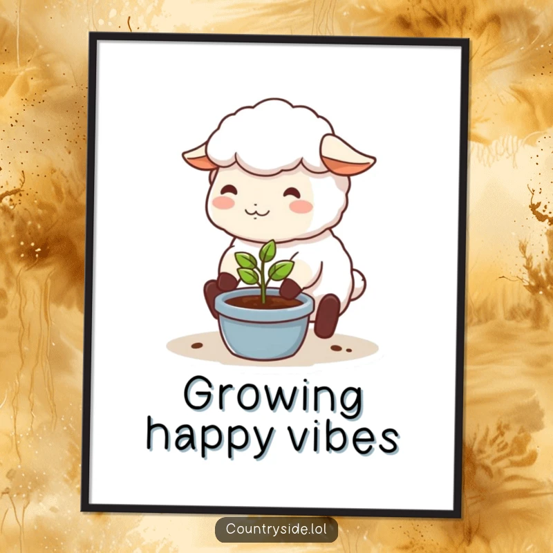 Funny digital art of a happy Kawaii sheep character tending a seedling, perfect for digital frames or sharing.