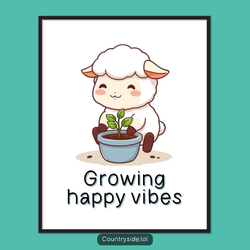Funny Kawaii Sheep Digital Art: Happy Gardener Print, Instant Funny Gift