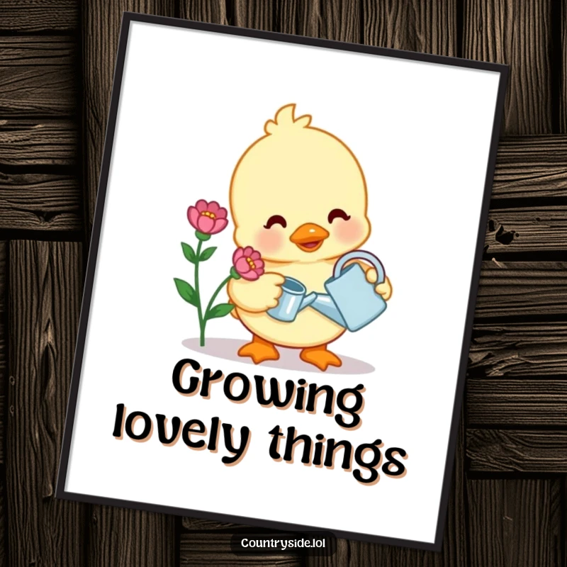 Funny digital art of a contented Kawaii duck character watering a flower, perfect for digital frames or sharing.