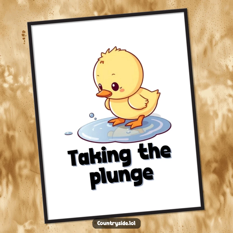 Funny Kawaii duckling character, rendered as digital art, humorously splashing with abandon in a tiny puddle.