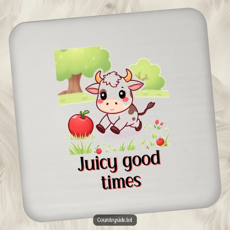 Funny Kawaii cow character chasing an apple, illustrated on a coaster for humorous surface protection.