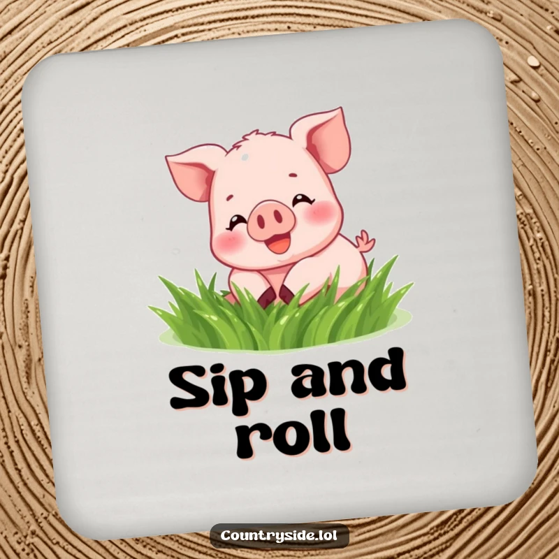 Funny Kawaii piglet humorously rolling in grass on a durable drink coaster, adding cheer.