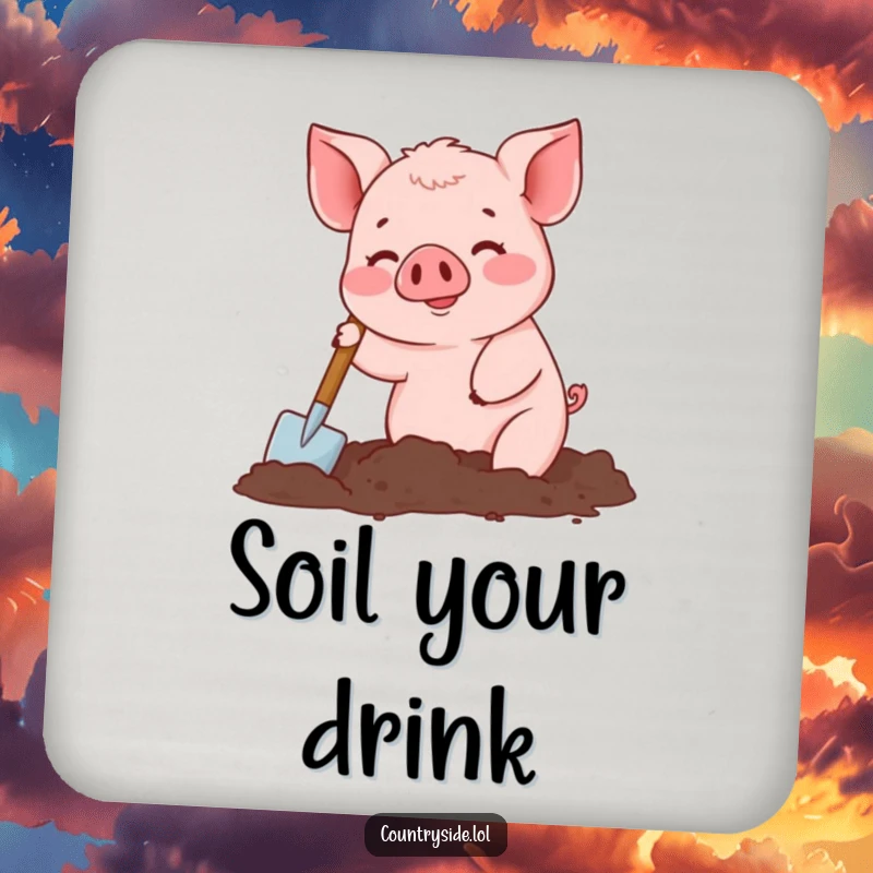 Funny drink coaster with a busy Kawaii pig character digging in soil, adding a touch of gardening humor.