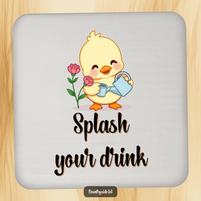 Funny drink coaster with a contented Kawaii duck character watering a flower, adding a touch of garden sweetness.