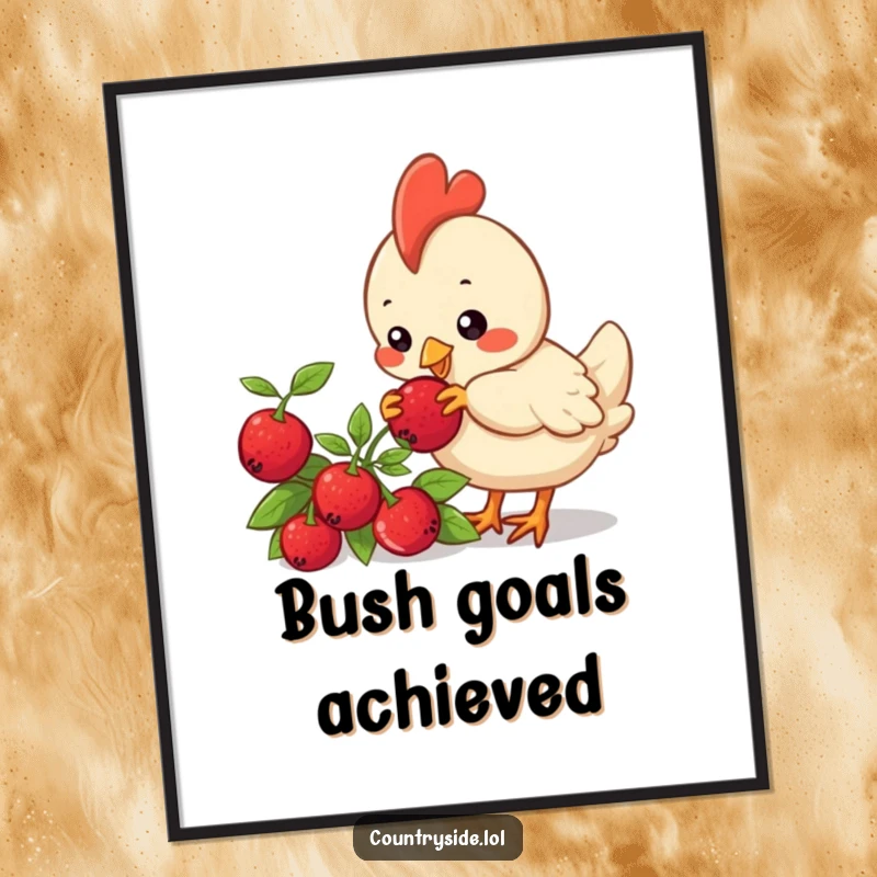 Funny Kawaii chicken character pecking a berry on a bush, creating humorous and delightful wall art.