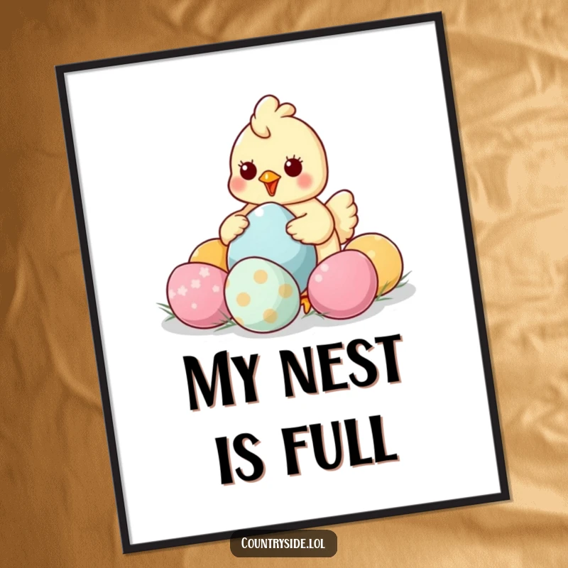 Funny Kawaii chicken character in a whimsical scene, humorously collecting a pile of giant, colorful eggs.