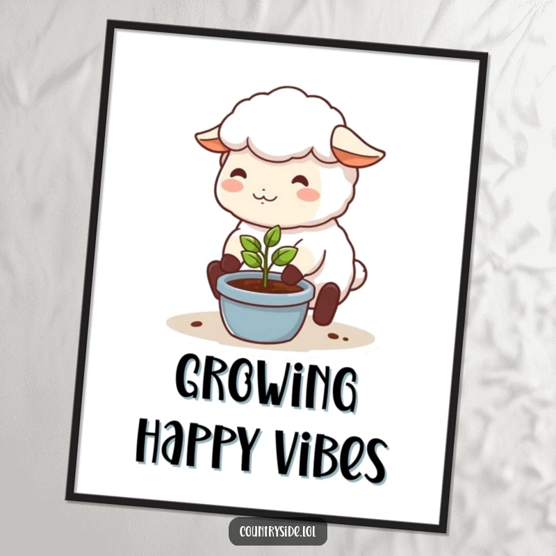 Funny poster art of a happy Kawaii sheep character tending a tiny sprouting plant, bringing a touch of nature's peace.