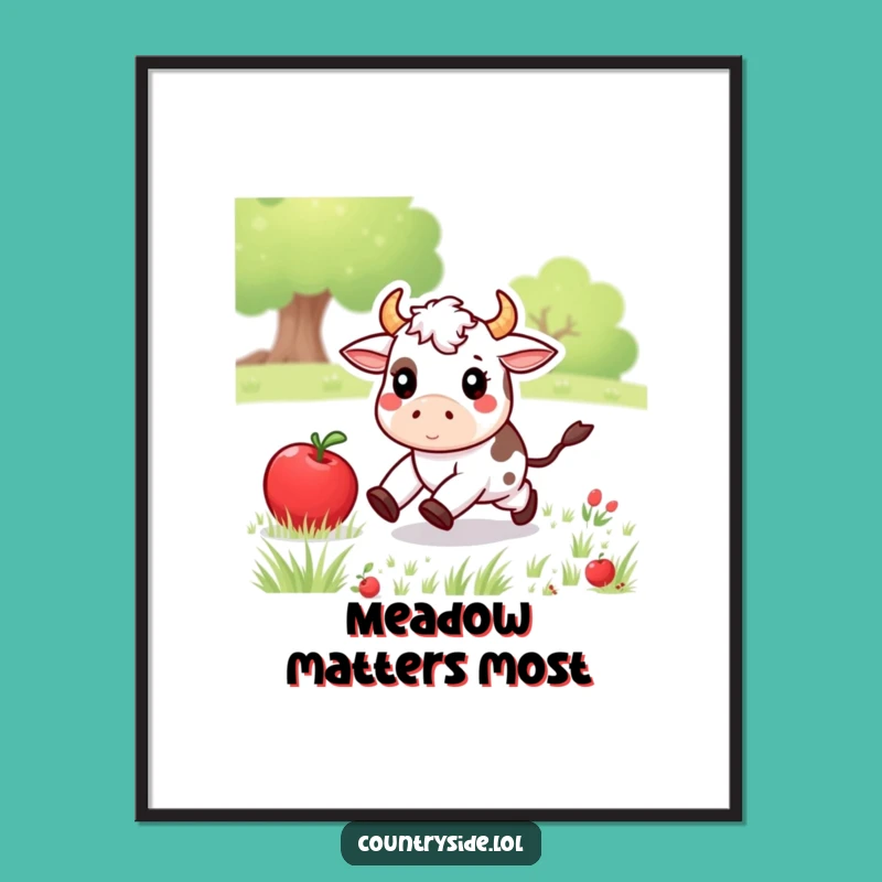 Funny Kawaii Cow Poster: Playful Meadow Apple Chase Art - Humorous Wall Decor Gift
