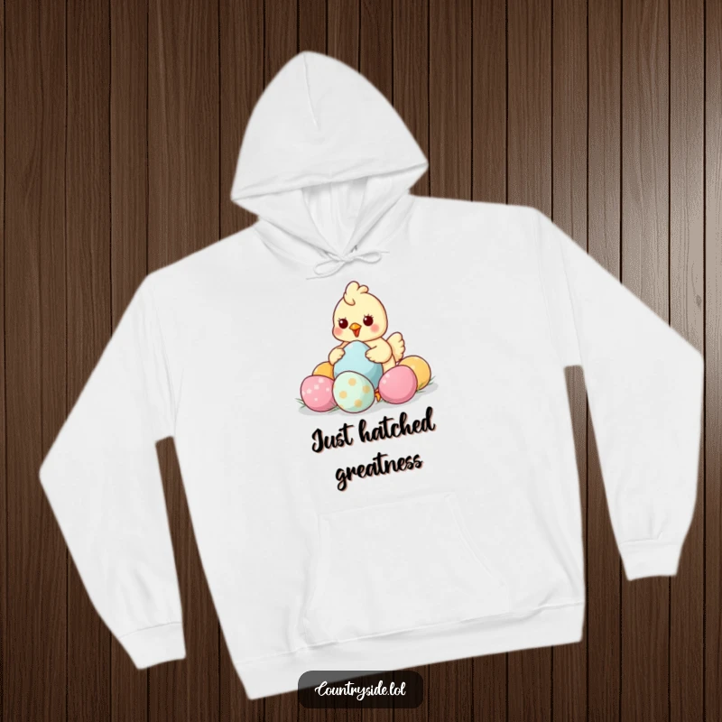 Funny Kawaii chicken character, bundled up, humorously gathering enormous, brightly colored eggs.