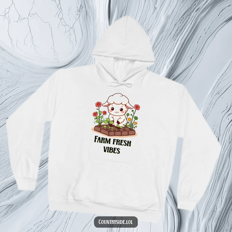 Funny Kawaii Sheep Hoodie: A cozy hoodie with a happy sheep character tending a miniature vegetable garden, perfect for comfort and relaxation.