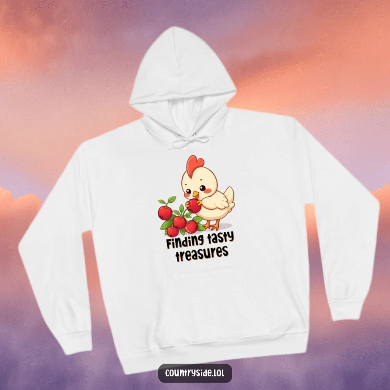 Funny Kawaii chicken character pecking at a berry on a bush, featured on a cozy and humorous hoodie.