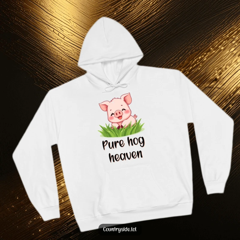 Funny Kawaii piglet, looking content and slightly grass-stained, humorously rolling within a soft, warm hoodie.