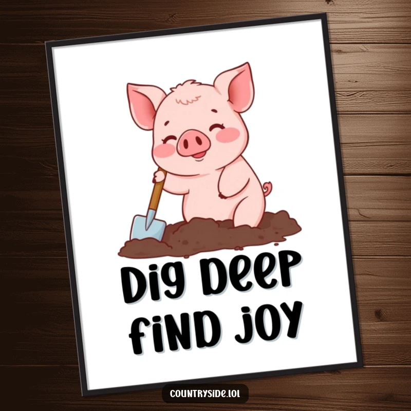 Funny Free Printable Wall Art: A busy Kawaii pig cheerfully digs in soft earth with a miniature spade, bringing farmyard fun indoors.