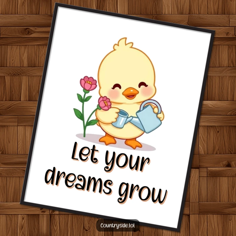 Funny Free Printable Wall Art: A contented Kawaii duck gently waters a blooming flower with a tiny watering can, adding garden charm.