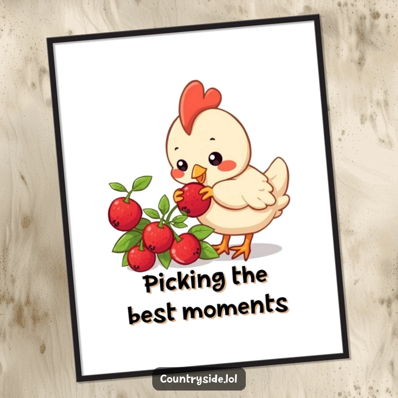 Funny Free Printable Wall Art: A curious Kawaii chicken focused on pecking a plump red berry.