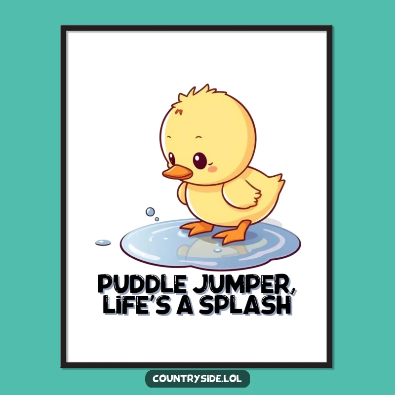 Funny Free Printable Wall Art: Curious Kawaii Duckling Splashing in Puddle, Downloadable Decor