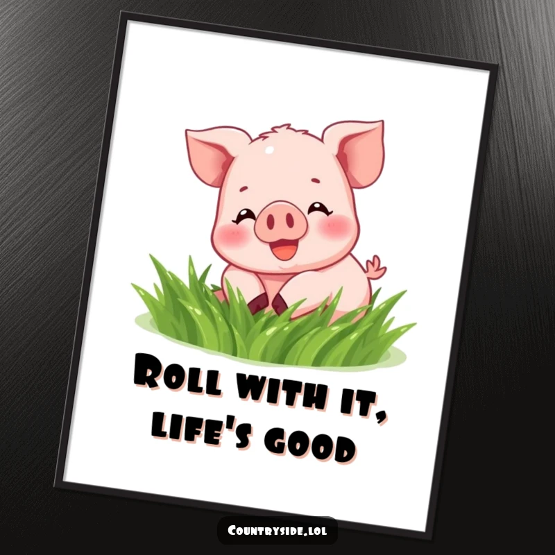 Funny Free Printable Wall Art: Cute Kawaii piglet exuberantly rolling around in a sunlit patch of soft green grass.