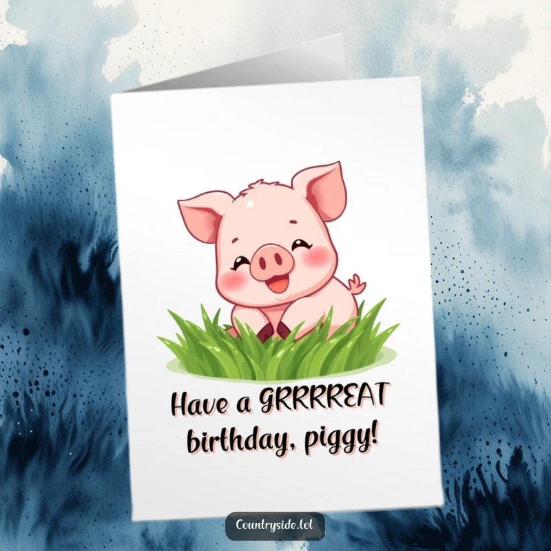 Funny Free Printable Birthday Card: A joyful Kawaii piglet blissfully rolling in lush green grass, pure delight.