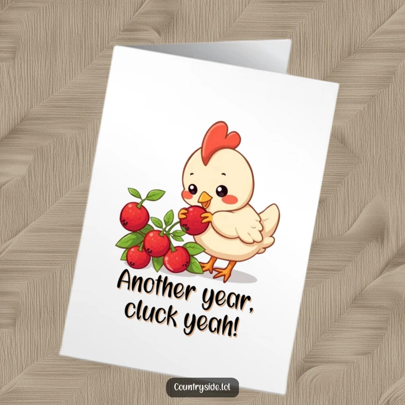 Funny Free Printable Birthday Card: Curious Kawaii chicken pecking a ripe red berry on a bush.