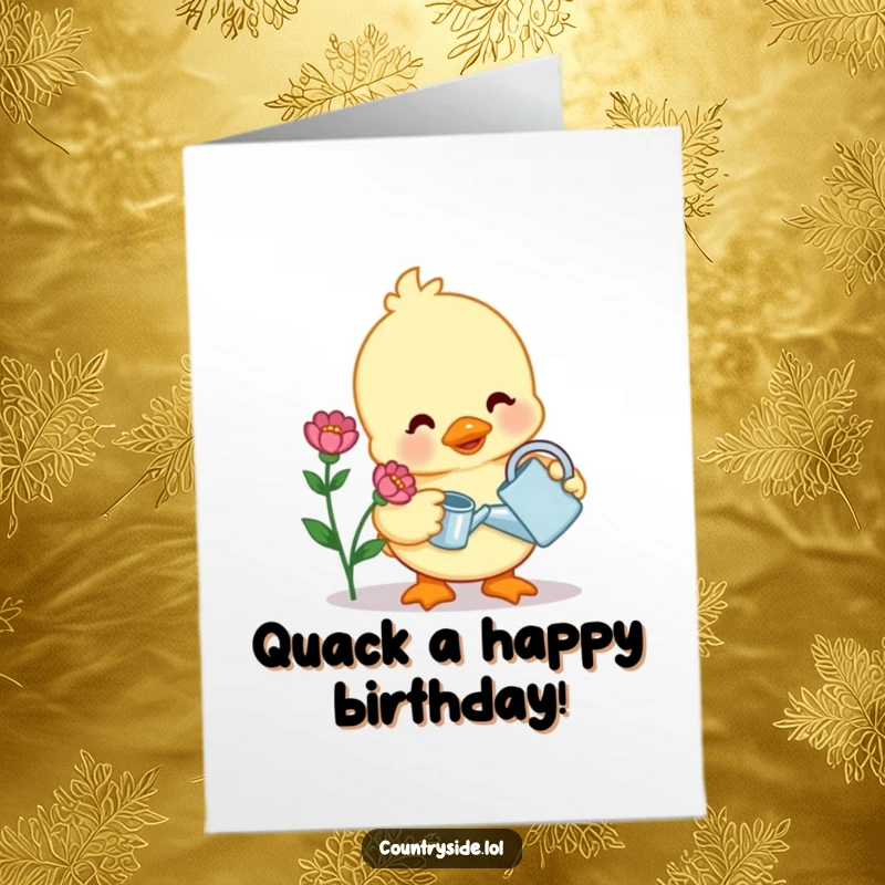 Funny Free Printable Birthday Card: A contented Kawaii duck gently waters a flower, wishing a happy blooming birthday.