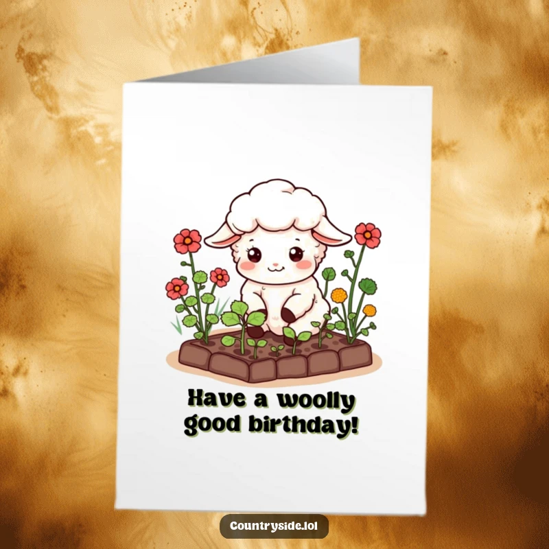 Funny Free Printable Kawaii sheep character happily gardening, wishing a wholesome and humorous happy birthday, a delightful downloadable.