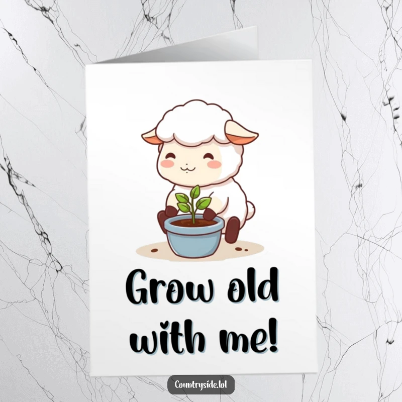 Funny Free Printable Birthday Card: A happy Kawaii sheep happily tends a tiny seedling, wishing abundant birthday growth.
