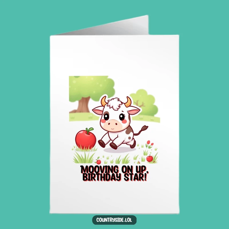 Free Printable Kawaii Cow Birthday Card: Hilarious Rolling Apple Chase Downloadable Gift