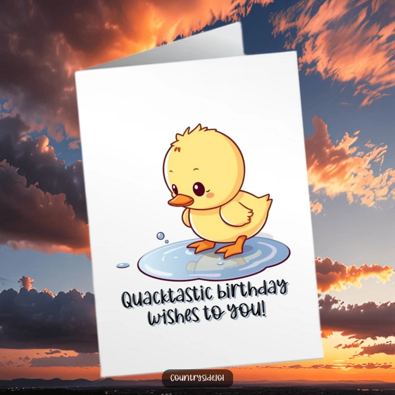 Funny Free Printable Birthday Card: Curious Kawaii duckling happily splashing in a puddle, water flying everywhere.